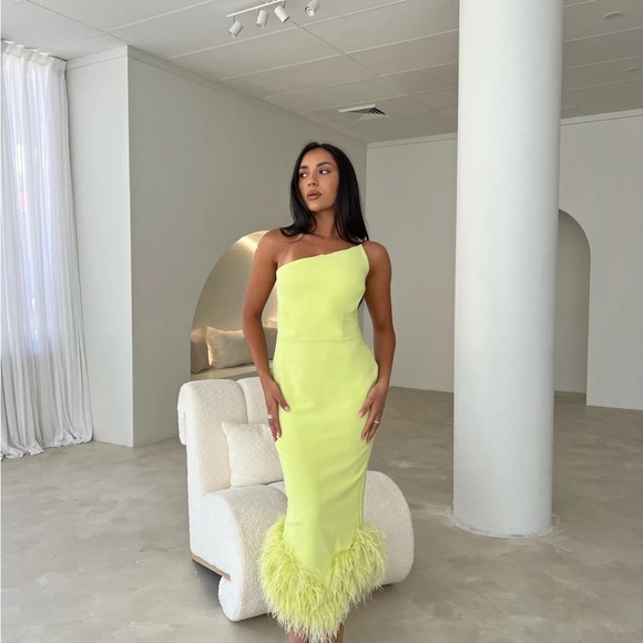 HOUSE OF CB 'Alessia’ Asymmetric Feather Trim Midi Dress - Picture 6 of 10